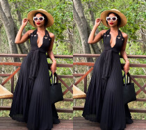 Sexy women's halter neck solid color chiffon dress