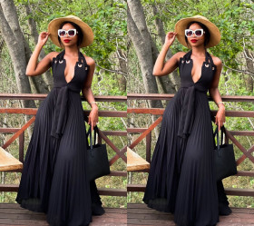 Sexy women's halter neck solid color chiffon dress