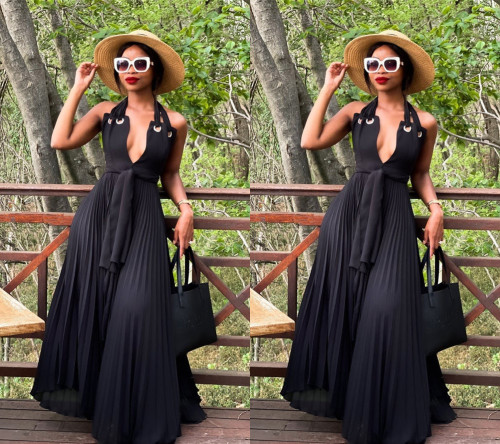 Sexy women's halter neck solid color chiffon dress