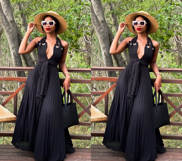 Sexy women's halter neck solid color chiffon dress