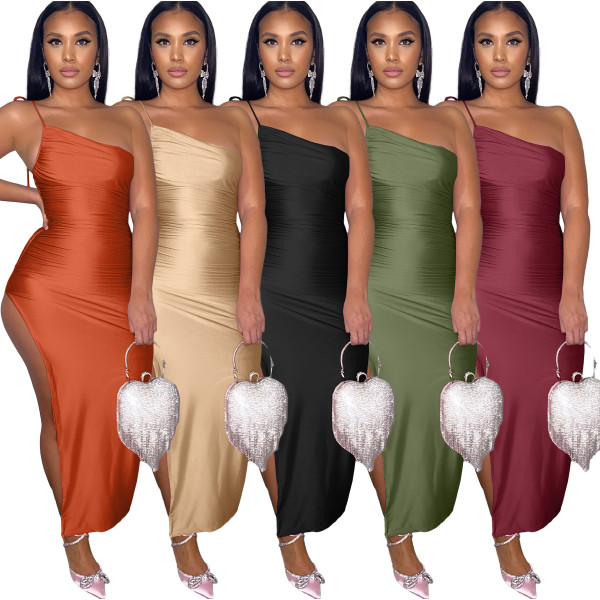 Women's One-shoulder slit pleated lace-up dress