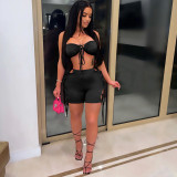 Spring and summer solid color wrap chest straps personality lace hollow two-piece set