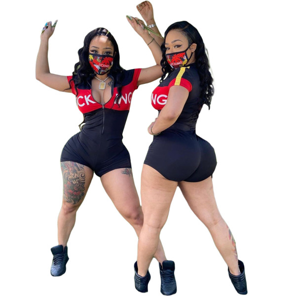 Women's summer sexy letter UCKING stitching zipper jumpsuit