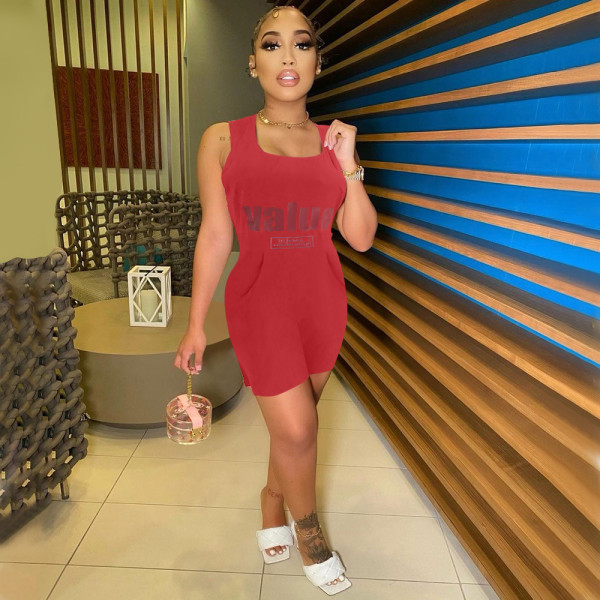 Positioned Offset Lettering High Waist Panel Solid Sleeveless Oversized Jumpsuit (Double Pockets)