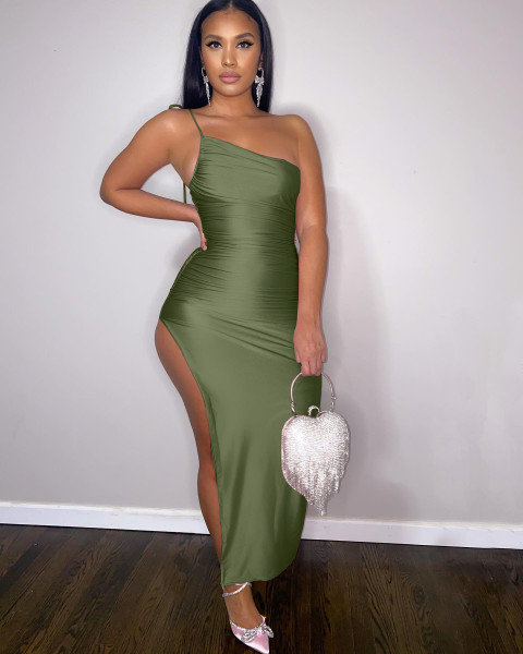 Women's One-shoulder slit pleated lace-up dress