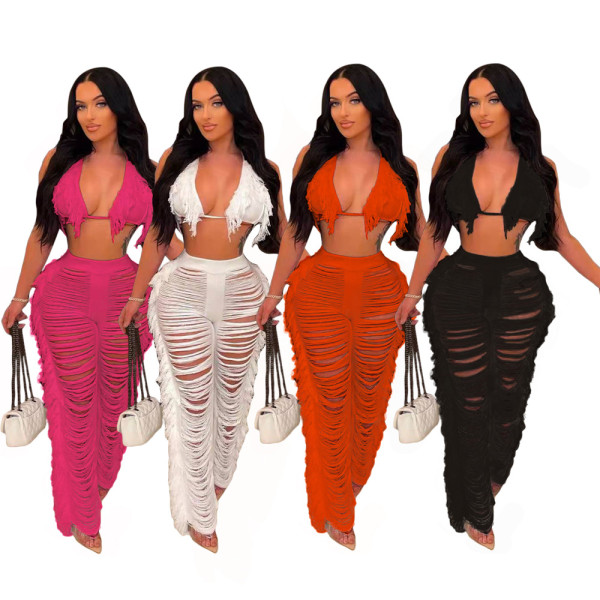 Women's Solid Bikini Fringe Knit Beach Shorts Set