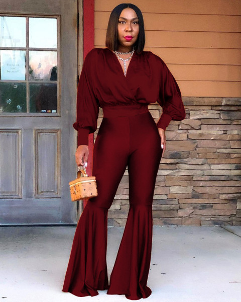 Fashion casual solid color sexy V-neck top big flared trousers two-piece suit