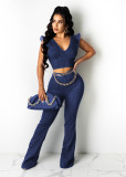 Women's High Stretch Denim V-Neck Petal Sleeve Flared Trousers Suit