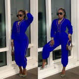 Fashion Casual Solid Color Plus Webbing Pocket Button Drawstring Jumpsuit Jumpsuit