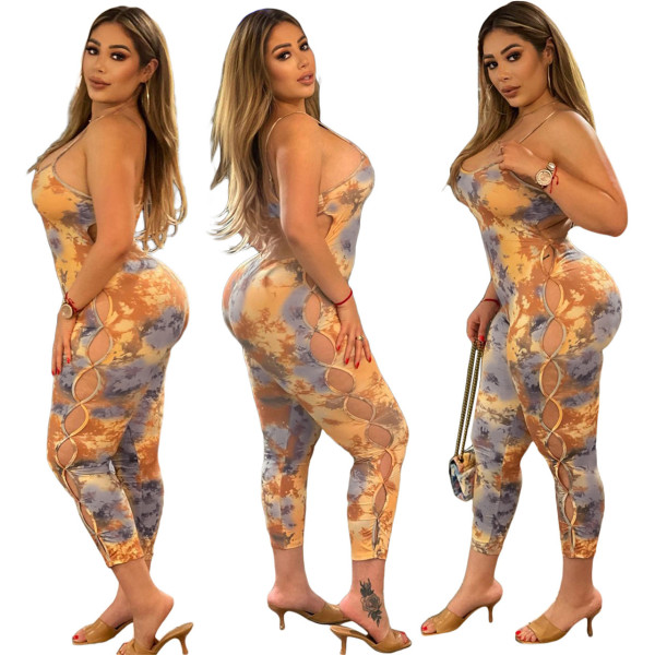 Fashion sexy print suspenders 9 points jumpsuit