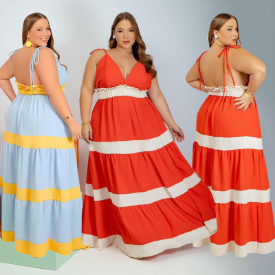 Plus size fat woman women's fashion suspenders backless V-neck striped sexy feature dress