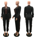 Fashion Casual Solid Color Plus Webbing Pocket Button Drawstring Jumpsuit Jumpsuit