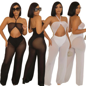 Fashionable and sexy new women's clothing mesh tube top strap wide leg jumpsuit