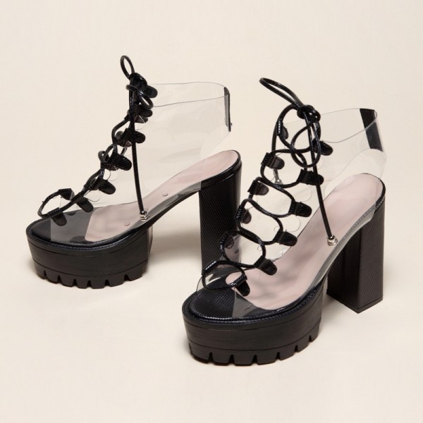 Large size cool boots Cross-border lace up fish mouth PVC women's boots Candy color transparent PVC thick heel boots