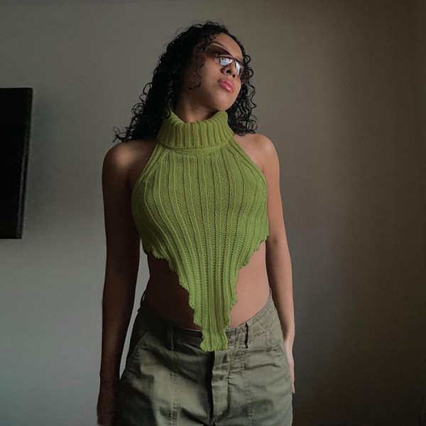Women's Street Shooting Fashion Solid Color High Neck Irregular Inside Slim Knitted Vest