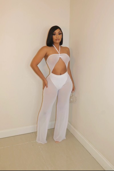 Fashionable and sexy new women's clothing mesh tube top strap wide leg jumpsuit