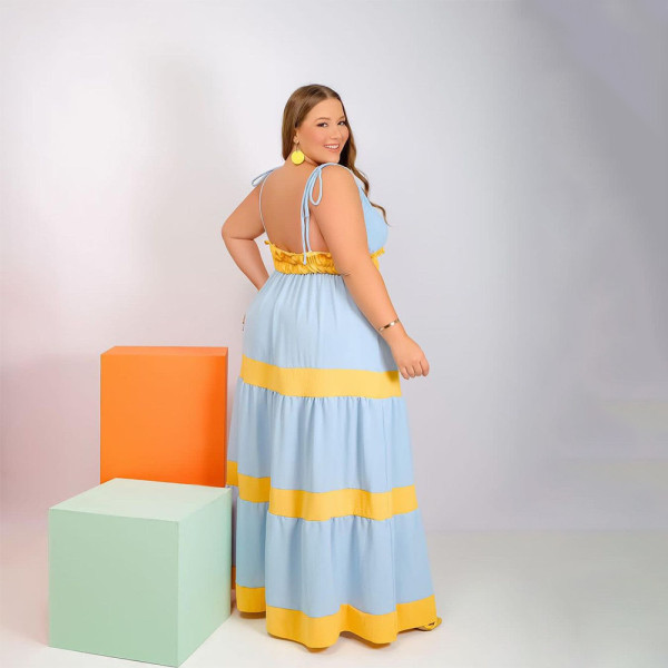 Plus size fat woman women's fashion suspenders backless V-neck striped sexy feature dress