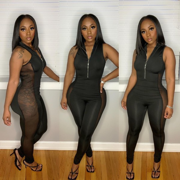 Sexy Skinny Fashion Side Mesh Jumpsuit