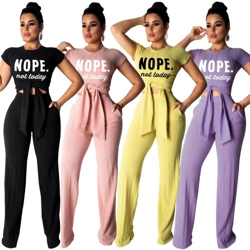 Ladies Fashion Casual Cropped Navel Short Sleeve Printed Two Piece Set