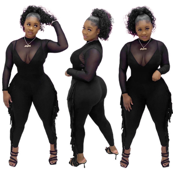 Mesh-paneled straight wool fringed jumpsuit