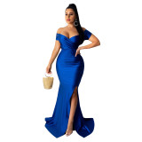 Women's sexy dress nightclub v-neck dress solid color large slit long skirt spring and summer short sleeves