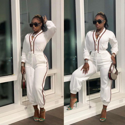 Fashion Casual Solid Color Plus Webbing Pocket Button Drawstring Jumpsuit Jumpsuit