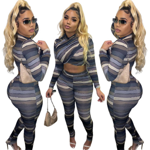 Fashion Stripe Print Irregular Two Piece Set