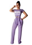 Ladies Fashion Casual Cropped Navel Short Sleeve Printed Two Piece Set