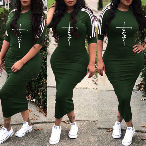 Women's Fashion White Striped Print Solid Dress Multicolor
