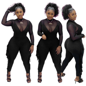 Mesh-paneled straight wool fringed jumpsuit