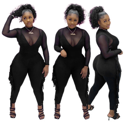 Mesh-paneled straight wool fringed jumpsuit