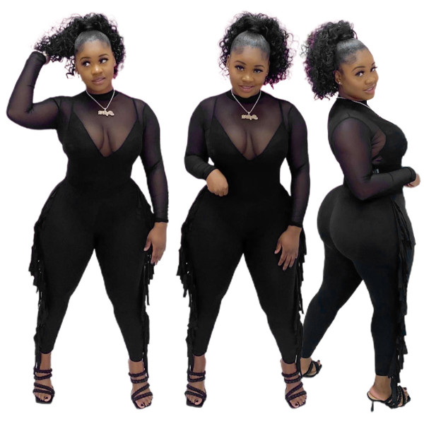 Mesh-paneled straight wool fringed jumpsuit