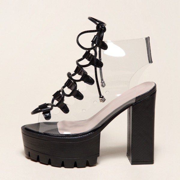Large size cool boots Cross-border lace up fish mouth PVC women's boots Candy color transparent PVC thick heel boots