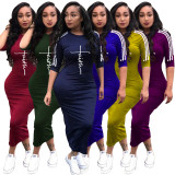 Women's Fashion White Striped Print Solid Dress Multicolor