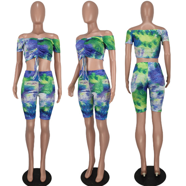 Sexy Fashion Print Contrast Color One Shoulder Drawstring Two-piece Set