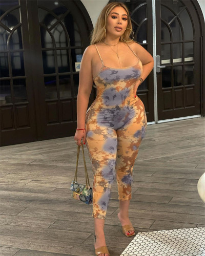 Fashion sexy print suspenders 9 points jumpsuit