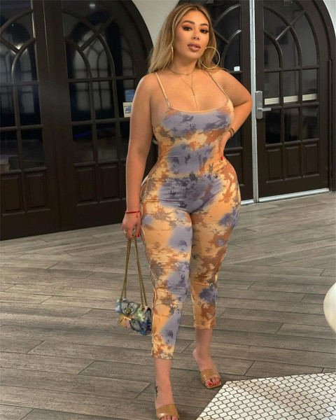 Fashion sexy print suspenders 9 points jumpsuit