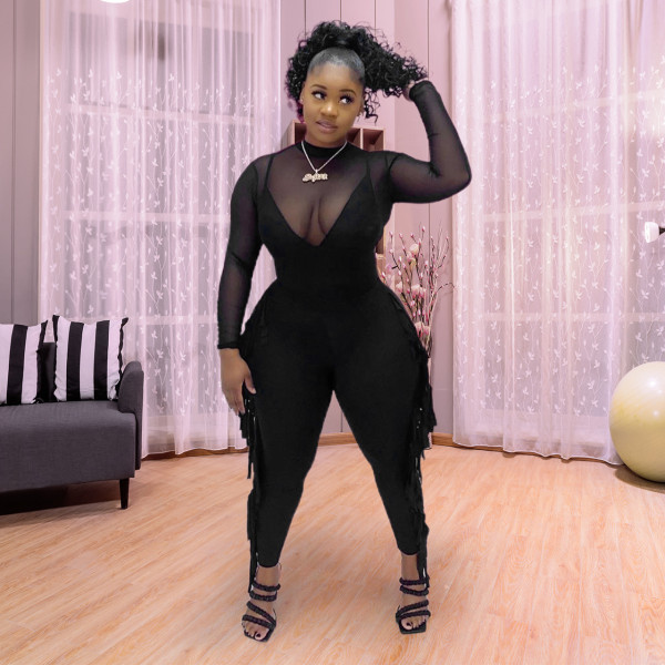 Mesh-paneled straight wool fringed jumpsuit