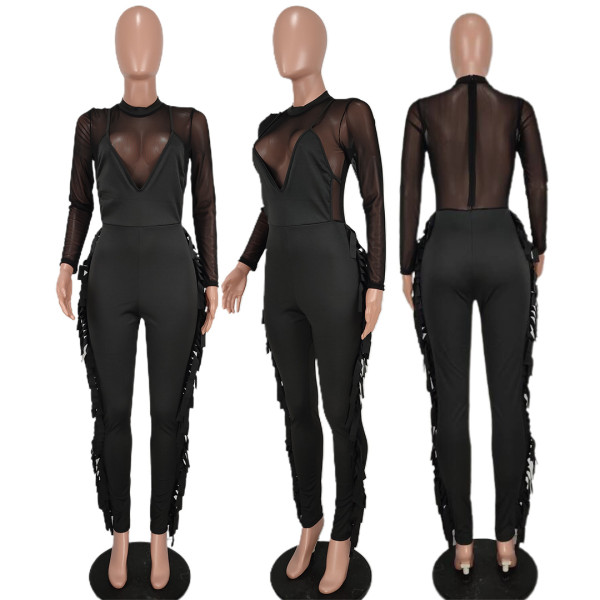Mesh-paneled straight wool fringed jumpsuit