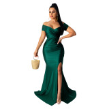 Women's sexy dress nightclub v-neck dress solid color large slit long skirt spring and summer short sleeves