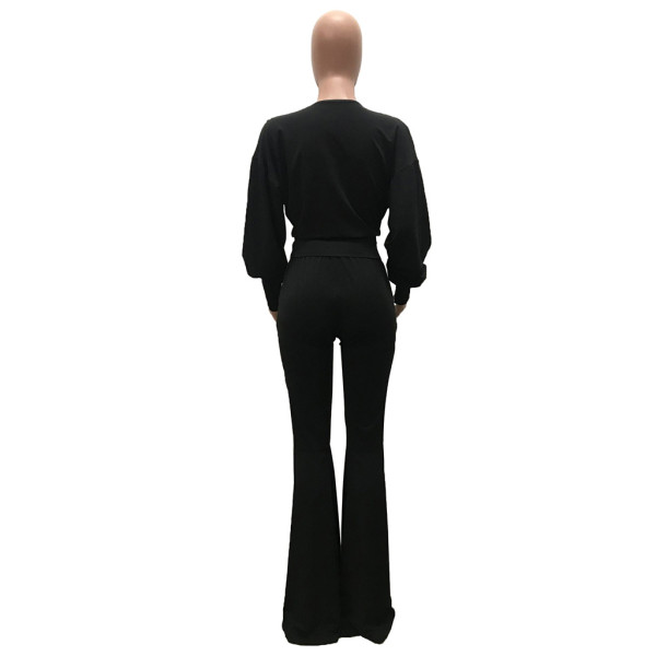 Fashion casual solid color sexy V-neck top big flared trousers two-piece suit
