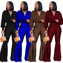 Fashion casual solid color sexy V-neck top big flared trousers two-piece suit Fashion casual solid color sexy V-neck top big flared trousers two-piece suit