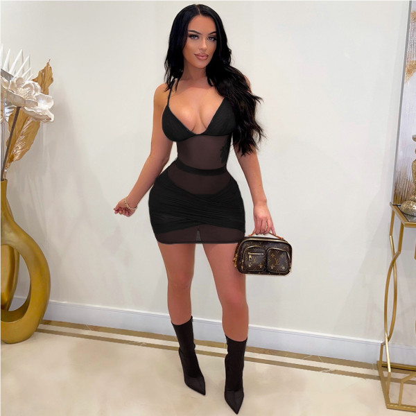 Mesh stitching sexy suspenders fashion women's dress