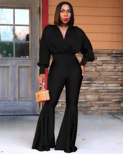 Fashion casual solid color sexy V-neck top big flared trousers two-piece suit