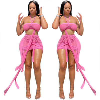 Women's sexy mesh halterneck strappy skirt two-piece set