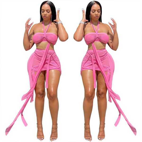 Women's sexy mesh halterneck strappy skirt two-piece set