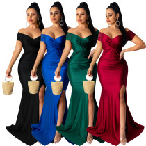 Women's sexy dress nightclub v-neck dress solid color large slit long skirt spring and summer short sleeves Women's sexy dress nightclub v-neck dress solid color large slit long skirt spring and summer short sleeves