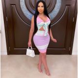 Women's Summer Sleeveless Multicolor Striped High Stretch Dress