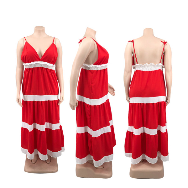 Plus size fat woman women's fashion suspenders backless V-neck striped sexy feature dress