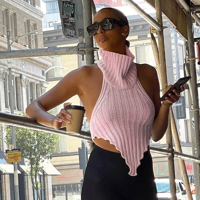Women's Street Shooting Fashion Solid Color High Neck Irregular Inside Slim Knitted Vest